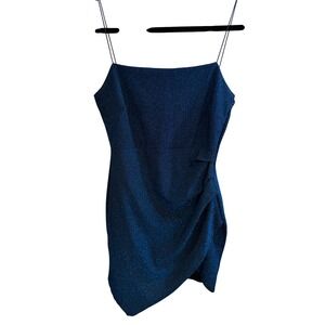 VNTG Navy Blue Glitter Mini Dress Spaghetti Strap Ruched Asymmetrical Tulip Hem